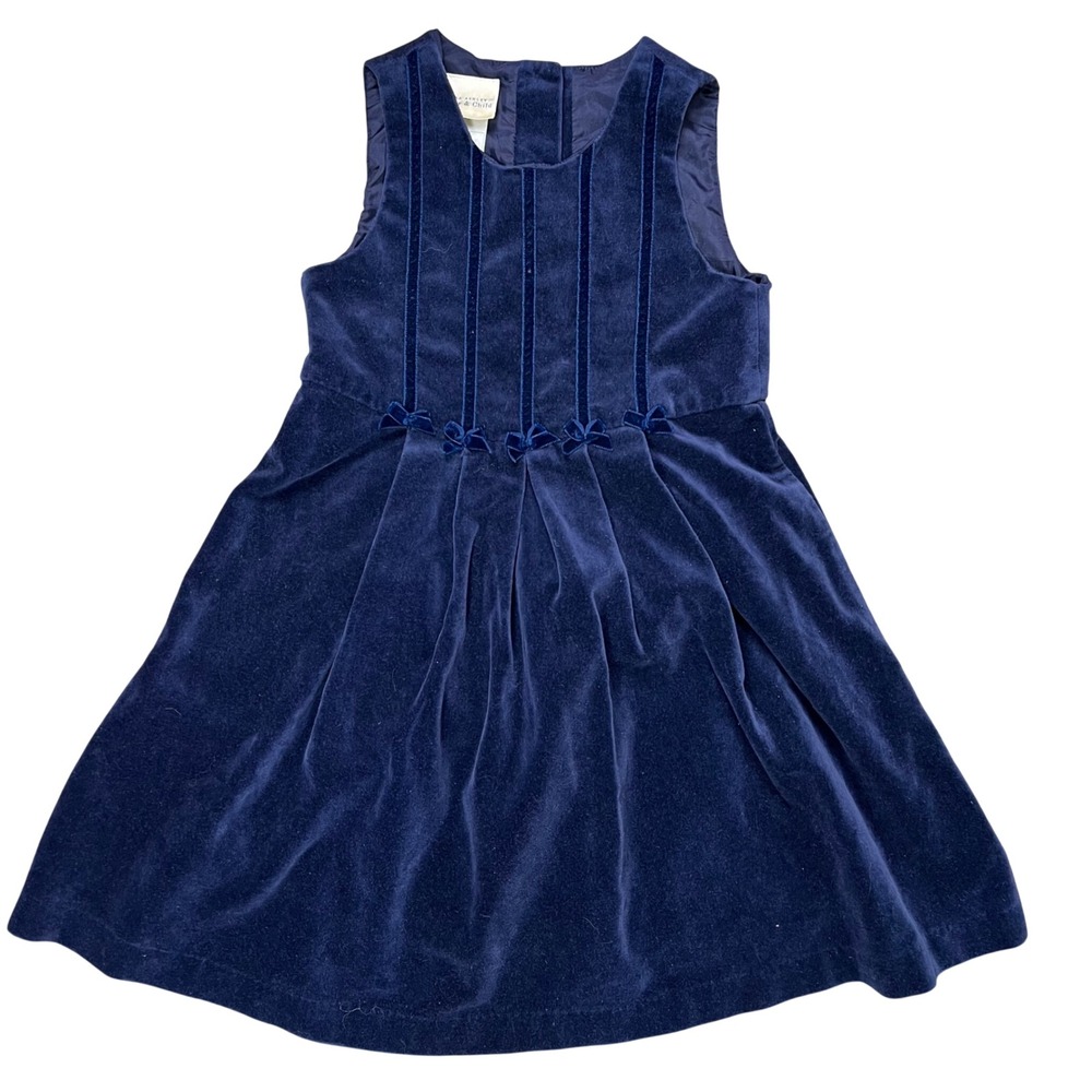 Laura Ashley Mother & Child Navy Blue Cotton Velvet Bow‎ Dress Kids Size 4 Years